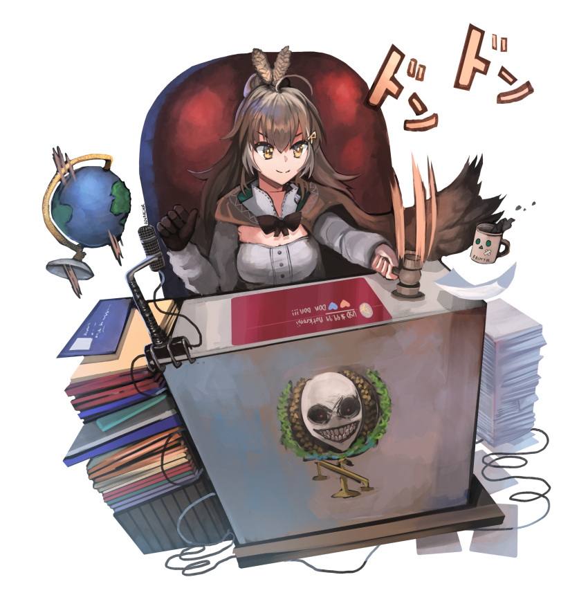 1girl absurdres ahoge anonamos bangs binder brown_capelet brown_cloak brown_corset brown_eyes brown_hair cape capelet cleavage_cutout cloak clothing_cutout coffee_mug corset cup feather_hair_ornament feathers folder friend_(nanashi_mumei) gavel globe gloves hair_ornament hairclip heart highres hololive hololive_english lectern long_hair microphone microphone_stand mug multicolored_hair nanashi_mumei nanashi_mumei's_horror_painting objectification paper paper_stack ponytail retro_artstyle ribbon scales shirt single_glove smile streaked_hair very_long_hair virtual_youtuber white_shirt
