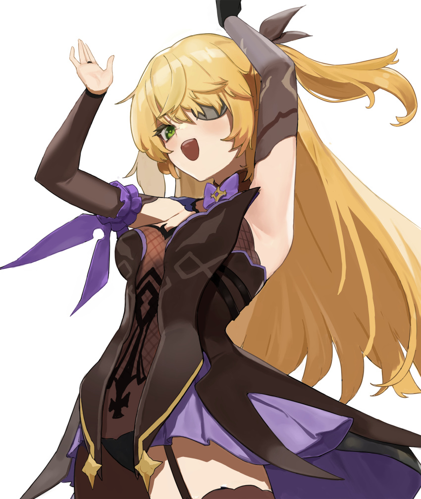 1girl armband armpits arms_up blonde_hair blush bow brown_thighhighs colored_eyepatch eyepatch fischl_(genshin_impact) fishnets flasso frilled_armband frills garter_straps genshin_impact green_eyes highres long_hair looking_at_viewer open_mouth purple_armband purple_bow simple_background smile solo teeth thigh-highs twintails upper_teeth white_background
