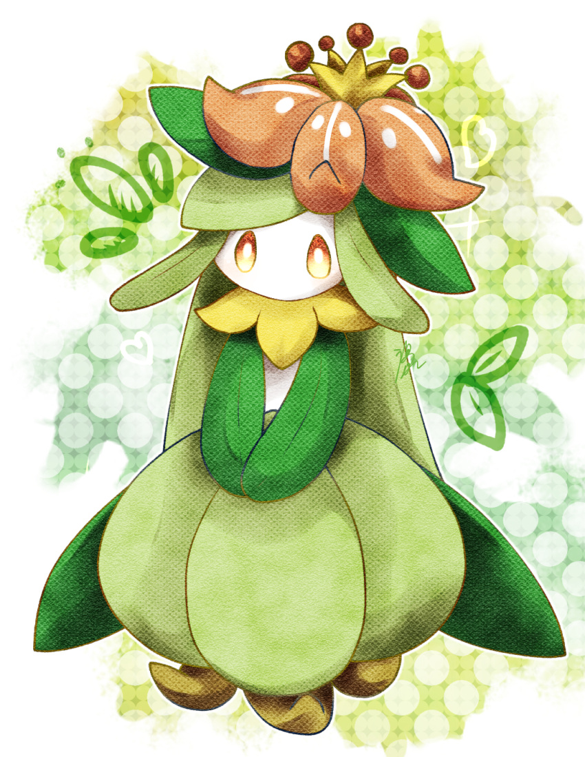 bright_pupils dotted_background elezumahaisan full_body highres lilligant looking_at_viewer no_humans orange_eyes own_hands_together pokemon pokemon_(creature) solo standing texture white_pupils