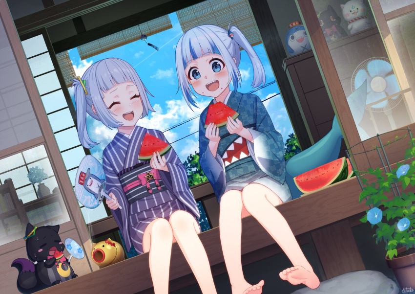 2girls artist_name bangs bare_legs barefoot bloop_(gawr_gura) blue_eyes blue_hair blue_sky blunt_bangs book bookshelf closed_eyes commentary_request day eating electric_fan feet fish_tail flower food food_on_face fruit gawr_gura haaton_(akai_haato) highres hololive hololive_english japanese_clothes kimono light_purple_hair mosquito_coil multicolored_hair multiple_girls murasaki_shion obi open_mouth outdoors plant porch potted_plant sash shark_tail sharp_teeth short_hair side_ponytail sidelocks signature sitting sky smile soles streaked_hair summer sun sunlight tail teeth toes toketa_(toketa15) watermelon white_hair wind_chime yukata