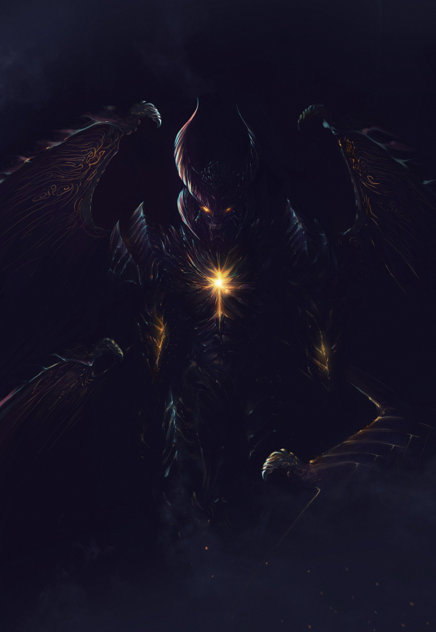 1boy absurdres closed_mouth dante_(devil_may_cry) dark demon devil_may_cry_(series) devil_may_cry_5 devil_trigger glowing glowing_eyes highres horns light_particles looking_at_viewer low_wings male_focus multiple_horns multiple_wings patterned solo teeth wardxiao wings yellow_eyes