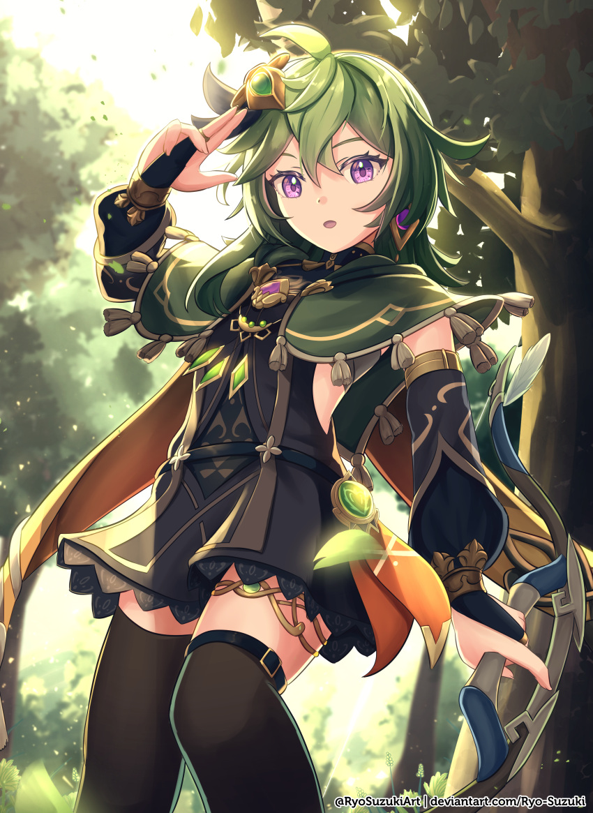 1girl absurdres artist_name black_dress bow_(weapon) capelet collei_(genshin_impact) commentary cowboy_shot detached_sleeves dress genshin_impact green_capelet green_hair hair_ornament hand_up high_collar highres holding holding_bow_(weapon) holding_weapon long_sleeves looking_at_viewer medium_hair open_mouth puffy_long_sleeves puffy_sleeves ryo-suzuki short_dress solo thigh-highs tree violet_eyes weapon zettai_ryouiki