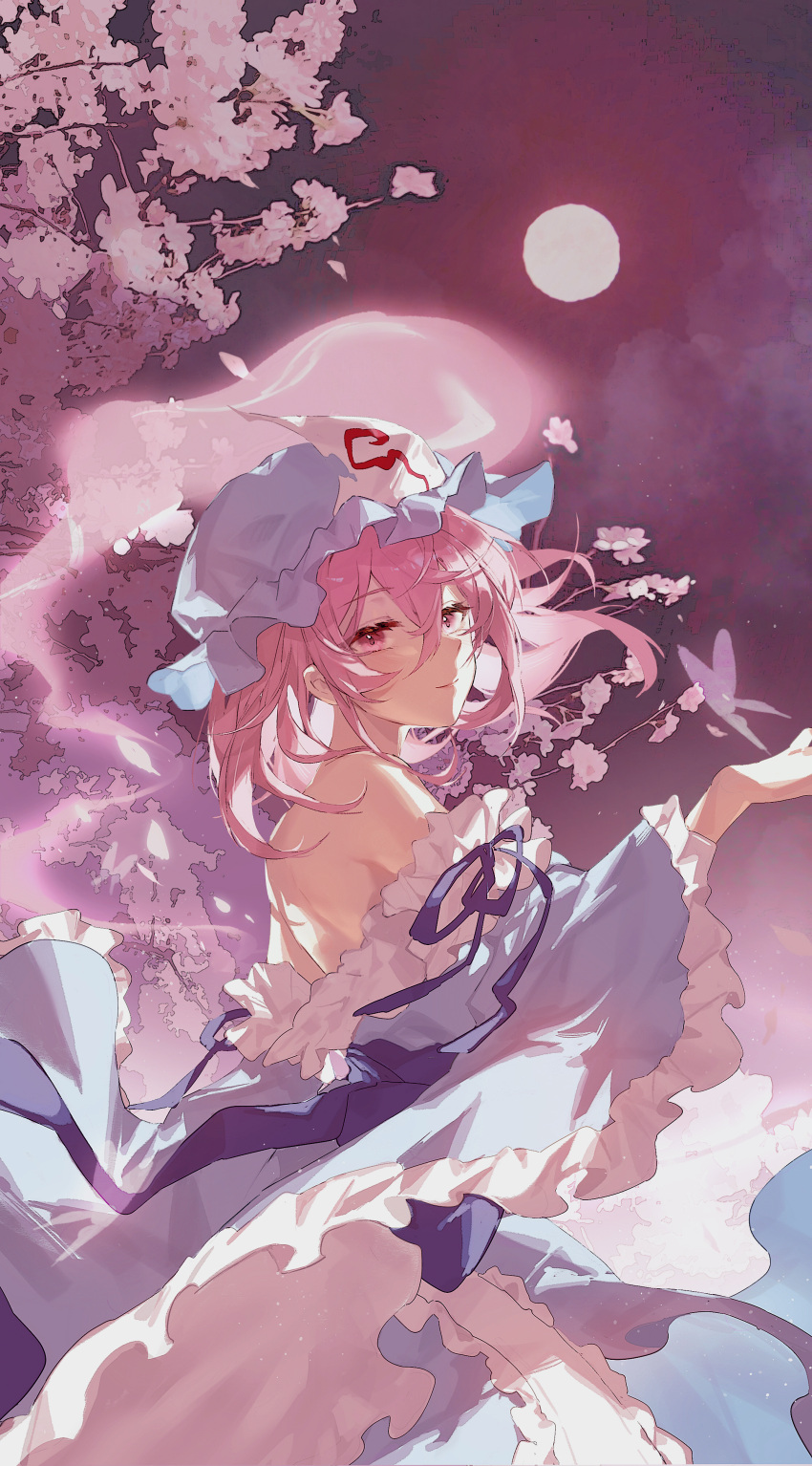 1girl absurdres bare_shoulders blue_headwear blue_kimono blue_ribbon blush bug butterfly cherry_blossoms closed_mouth commentary floating_hair frilled_kimono frilled_sleeves frills from_side full_moon ghost hair_between_eyes hand_up hat highres japanese_clothes kiduki kimono looking_at_viewer looking_to_the_side medium_hair mob_cap moon obi off_shoulder pink_butterfly pink_eyes pink_hair ribbon saigyouji_yuyuko sash smile solo touhou triangular_headpiece wide_sleeves