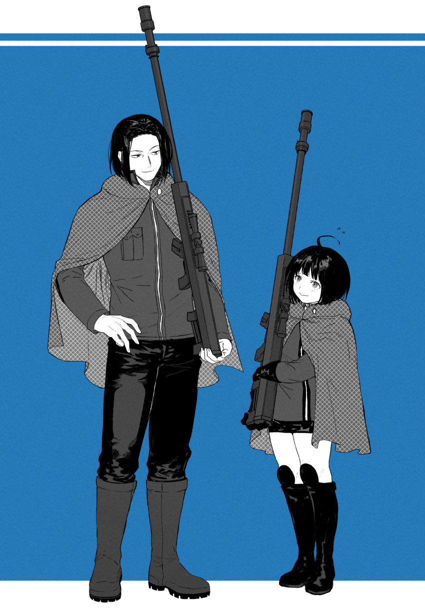 1boy 1girl absurdres ahoge amatori_chika azuma_haruaki bangs blue_background bob_cut boots breast_pocket cloak full_body gloves gun hand_on_hip height_difference highres holding holding_gun holding_weapon jacket knee_boots long_sleeves looking_at_another looking_away looking_down looking_up mnmnwtsn monochrome pants_tucked_in pocket short_hair shorts simple_background smelling smile standing uniform weapon world_trigger