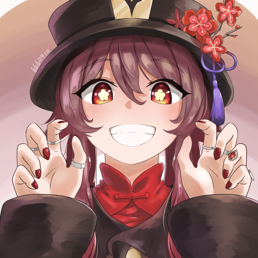 1girl :d absurdres bangs black_nails brown_hair chinese_clothes close-up commentary_request flower genshin_impact ghost_pose grin hair_between_eyes hat hat_flower hat_ornament highres hu_tao_(genshin_impact) jewelry koi0910 long_hair long_sleeves looking_at_viewer red_eyes ring sidelocks smile solo symbol-shaped_pupils twintails