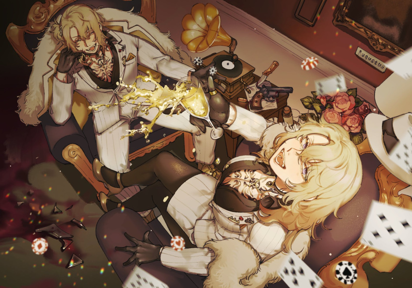 1boy 1girl :d alcohol black_choker black_gloves black_shirt blonde_hair blood blood_on_weapon blurry blurry_foreground breasts brown_footwear card chair champagne_flute chest_tattoo choker closed_eyes crossed_legs cup dress_shirt drinking_glass fedora flower from_above fur_coat genderswap genderswap_(mtf) glass_shards gloves gun hair_between_eyes hat hat_removed headwear_removed highres jacket jewelry knife large_breasts long_sleeves looking_at_viewer looking_up luca_kaneshiro lucy_kaneshiro mafia necklace nijisanji nijisanji_en pants pantyhose phonograph playing_card poker_chip pool_of_blood ring shirt short_hair short_sidetail sitting skirt smile stayquiet2022 striped striped_pants striped_shirt striped_skirt tattoo unbuttoned unbuttoned_shirt violet_eyes virtual_youtuber weapon white_fur white_jacket white_pants white_skirt