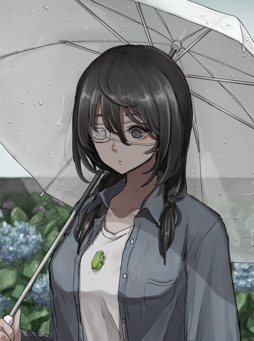 1girl bangs black_hair blue_eyes blue_jacket commentary_request eyepatch frog highres holding holding_umbrella jacket long_hair long_sleeves open_clothes open_jacket original outdoors shirt solo tabao umbrella upper_body water_drop white_shirt