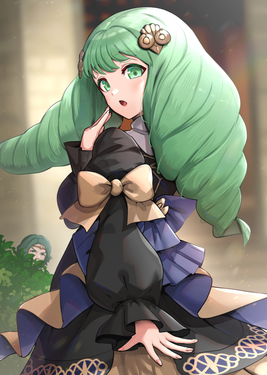 1boy 1girl black_dress blush bush dress drill_hair fire_emblem fire_emblem:_three_houses flayn_(fire_emblem) garreg_mach_monastery_uniform gonzarez green_eyes green_hair hair_ornament hand_up hiding highres long_hair looking_at_viewer open_mouth ribbon seteth_(fire_emblem) twin_drills