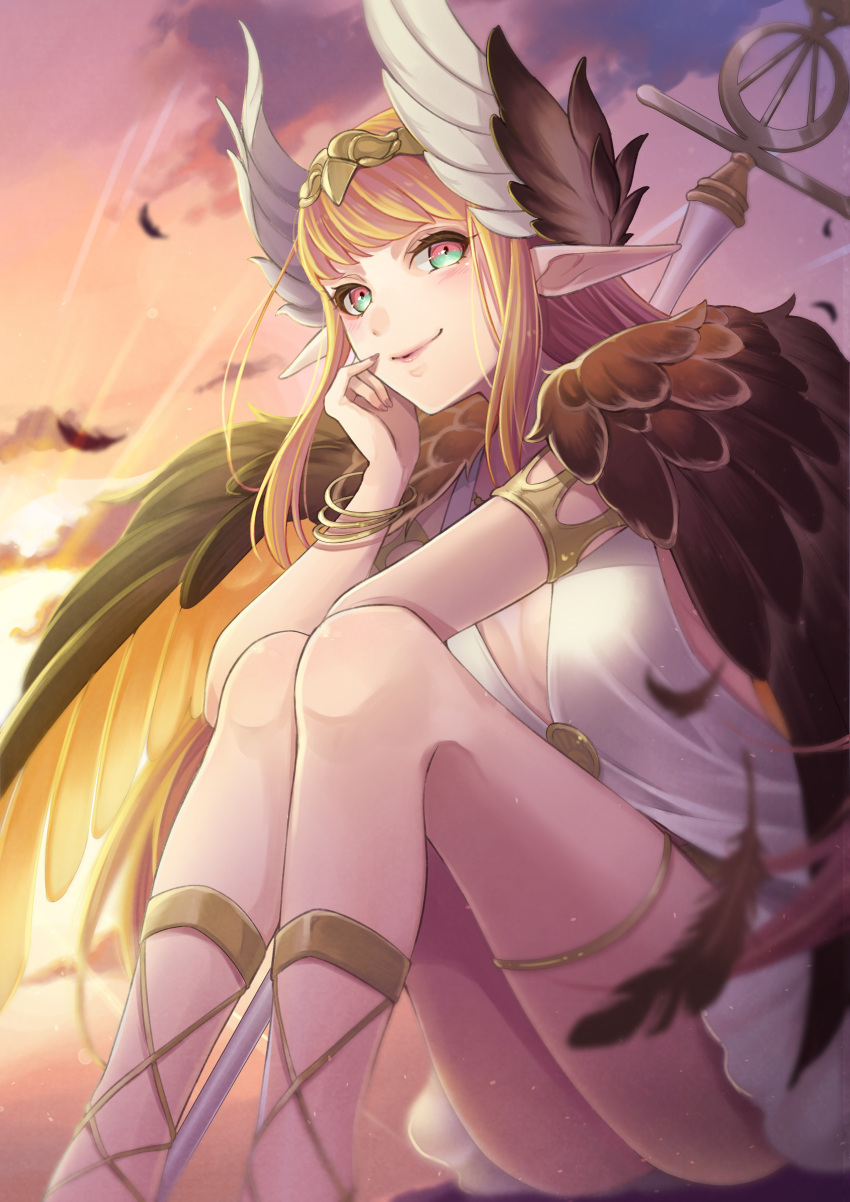 1girl absurdres bangs breasts circe_(fate) fate/grand_order fate_(series) highres ichino_tomizuki pointy_ears sitting small_breasts smile solo staff sunlight sunset wings