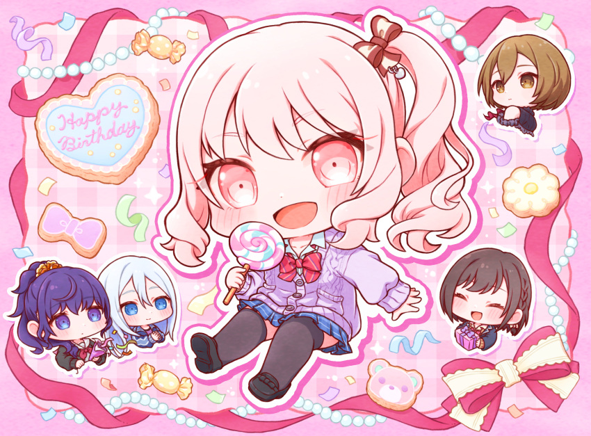 1other 25-ji_nightcord_de._(project_sekai) 4girls :d ^_^ akiyama_mizuki asahina_mafuyu black_shoes black_thighhighs blue_eyes blue_hair blue_skirt blush bow bowtie brown_eyes brown_hair buttons candy cardigan closed_eyes closed_mouth commentary_request double-parted_bangs food full_body hair_between_eyes hair_bow highres holding holding_candy holding_food holding_lollipop lollipop long_hair long_sleeves meiko_(vocaloid) miniskirt multiple_girls open_mouth outline oyasumirakko pink_background pink_eyes pink_hair plaid_clothes plaid_skirt pleated_skirt ponytail project_sekai purple_cardigan purple_hair red_bow red_bowtie school_uniform shinonome_ena shoes short_hair side_ponytail skirt sleeves_past_wrists smile striped_bow striped_bowtie striped_clothes swirl_lollipop thigh-highs violet_eyes white_outline yoisaki_kanade zettai_ryouiki