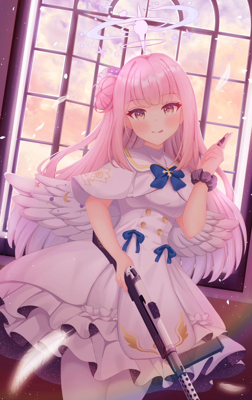 1girl :p absurdres angel_wings arashiomoto bangs blue_archive blue_ribbon blush breasts capelet cowboy_shot dress dutch_angle falling_feathers feathers flower frilled_dress frills gun hair_bun hair_flower hair_ornament halo highres holding holding_gun holding_weapon lanchester_smg long_hair looking_at_viewer mika_(blue_archive) pantyhose pink_hair ribbon scrunchie single_side_bun smile solo submachine_gun tongue tongue_out weapon white_capelet white_dress white_feathers white_pantyhose white_wings window wings wrist_scrunchie yellow_eyes