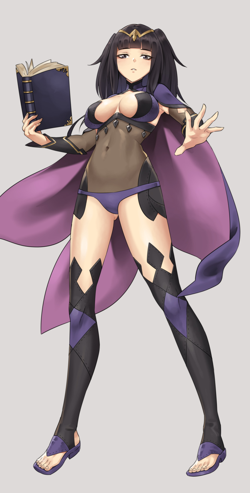 1girl absurdres black_eyes black_hair black_thighhighs book breasts cape cosplay fire_emblem fire_emblem_awakening floating_cape highres holding holding_book holding_weapon igni_tion large_breasts long_hair looking_at_viewer ophelia_(fire_emblem) ophelia_(fire_emblem)_(cosplay) tharja_(fire_emblem) thigh-highs tiara toeless_footwear toeless_legwear weapon