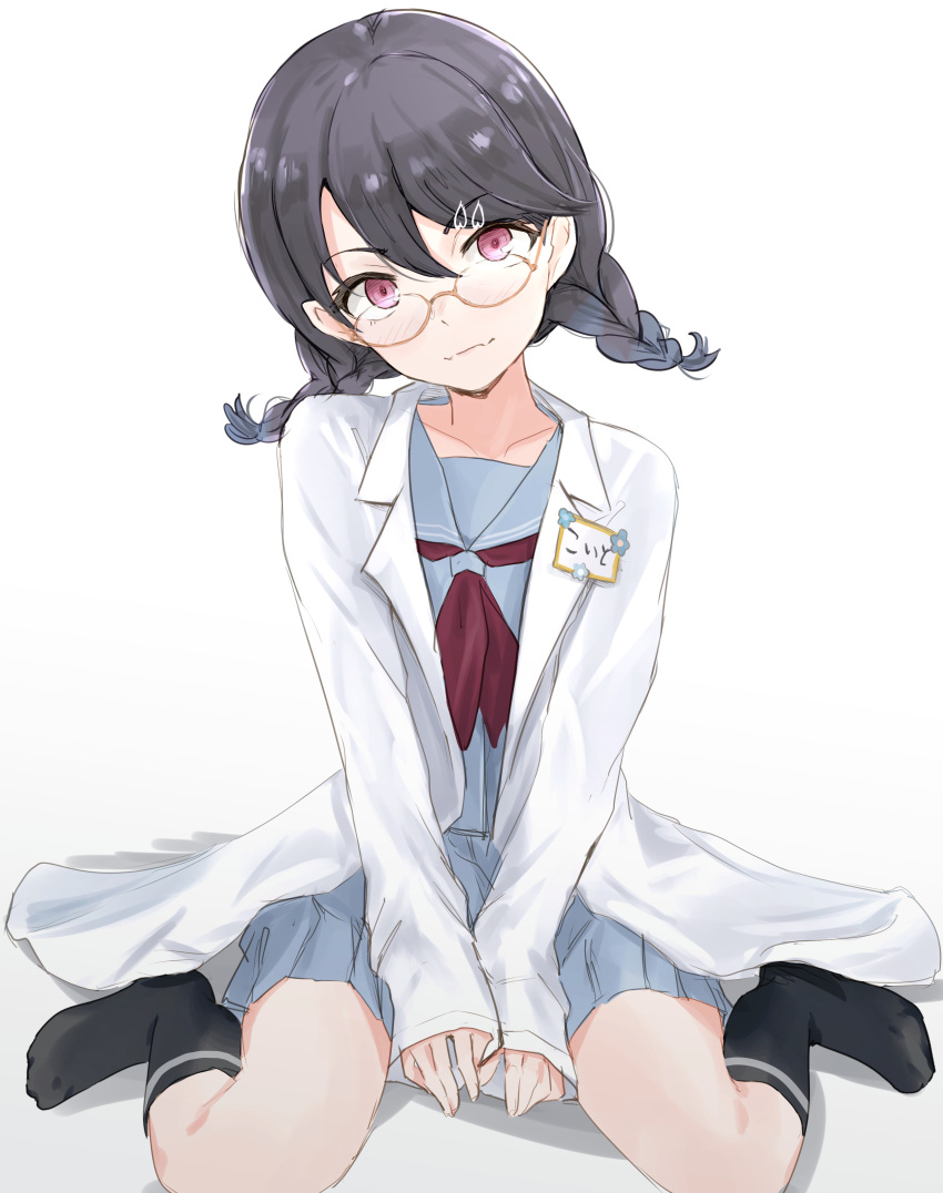 1girl absurdres black_hair black_socks blue_serafuku blush fang fukumaru_koito head_tilt highres idolmaster idolmaster_shiny_colors labcoat looking_at_viewer name_tag neckerchief red_eyes red_neckerchief round_eyewear school_uniform serafuku simple_background sitting skin_fang sleeves_past_wrists socks solo twintails unu_(unucence) wariza white_background