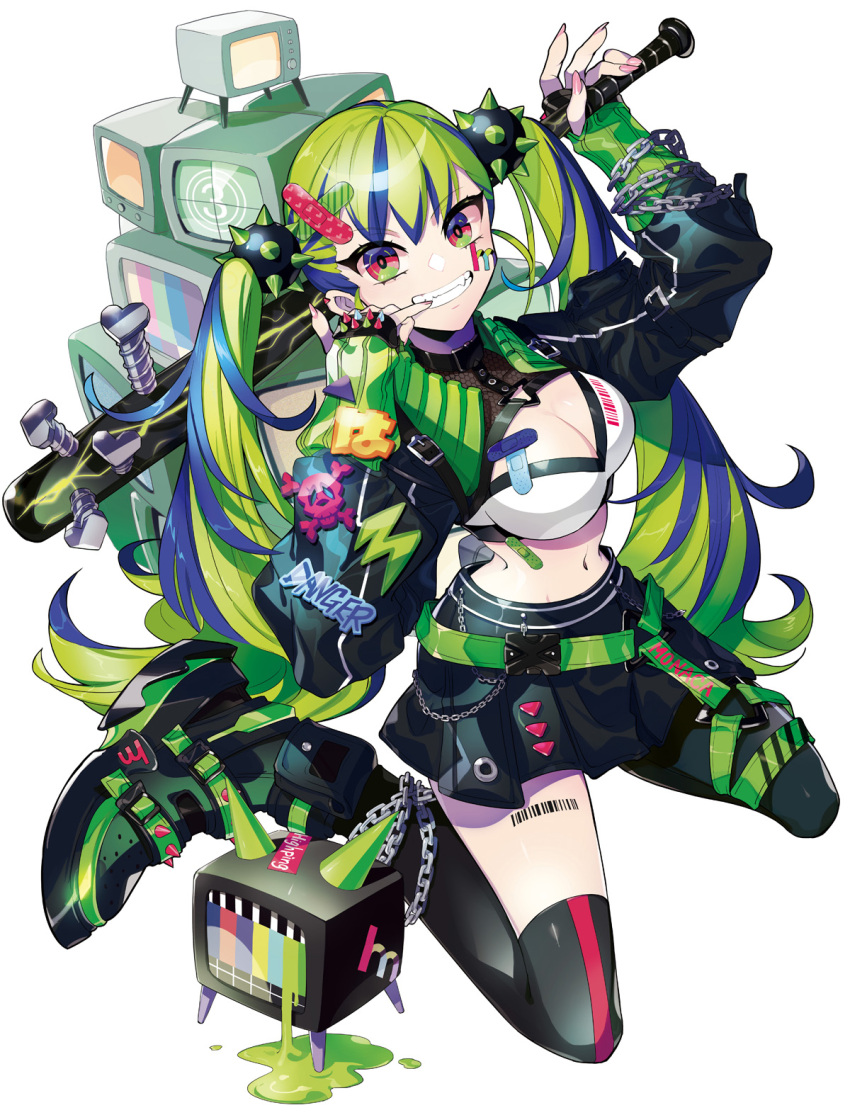 1girl bandaid bandaid_hair_ornament bandaid_on_breast barcode barcode_tattoo baseball_bat belt blue_hair breast_tattoo breasts buckle crt fangs finger_in_own_mouth green_footwear green_hair grin highres midriff multicolored_eyes multicolored_hair nail_polish navel original pink_nails puppeteer7777 skirt smile tattoo television twintails two-tone_hair white_background