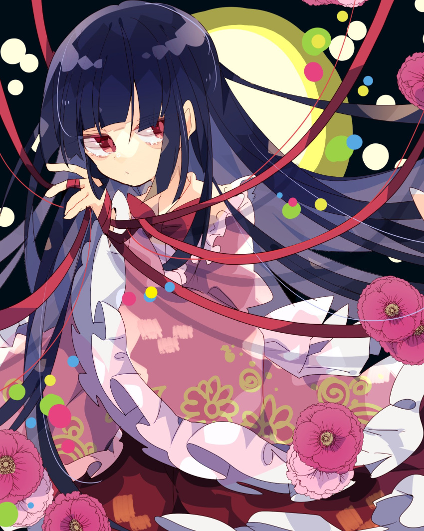 1girl black_hair bow bowtie commentary entangled flower frilled_shirt frilled_shirt_collar frilled_sleeves frills highres hime_cut houraisan_kaguya light_particles long_hair long_sleeves looking_at_viewer nikorashi-ka pink_flower pink_shirt red_bow red_bowtie red_eyes red_ribbon red_skirt ribbon shirt skirt solo touhou upper_body wide_sleeves