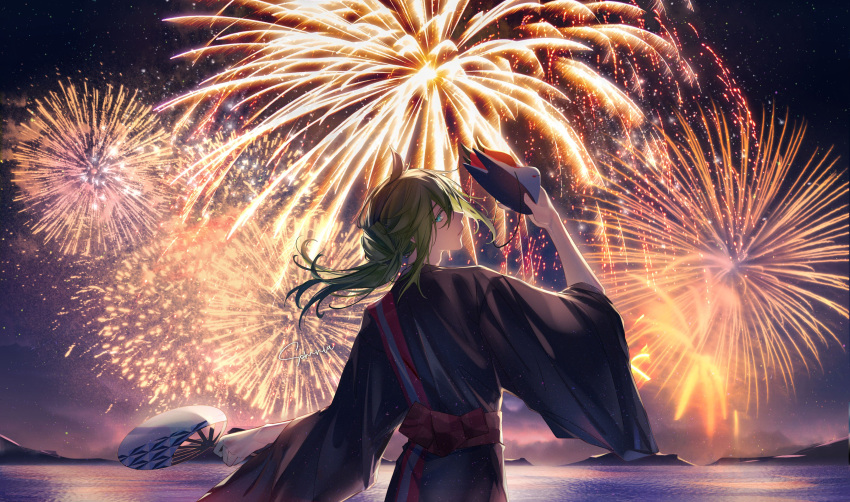 1boy absurdres back blue_eyes clouds fireworks green_hair hand_fan highres japanese_clothes kimono looking_at_viewer male_focus mask mask_removed mountain n_(pokemon) night night_sky ocean official_alternate_costume pokemon pokemon_(game) pokemon_masters_ex sky solo somnia star_(sky) starry_sky yukata