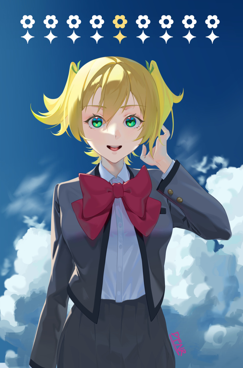 1girl arm_at_side artist_name backlighting bangs blonde_hair blue_sky bow bowtie breast_pocket breasts buttons clouds collared_shirt commentary cowboy_shot daiba_nana daifunier day dress_shirt flower_(symbol) green_eyes green_ribbon grey_jacket grey_skirt hair_between_eyes hair_ribbon hand_up high-waist_skirt highres jacket long_sleeves looking_at_viewer medium_breasts open_clothes open_jacket open_mouth outdoors pleated_skirt pocket red_bow red_bowtie ribbon school_uniform seishou_music_academy_uniform shirt shirt_tucked_in short_hair short_twintails shoujo_kageki_revue_starlight skirt sky smile solo standing symbol-only_commentary teeth twintails upper_teeth white_shirt