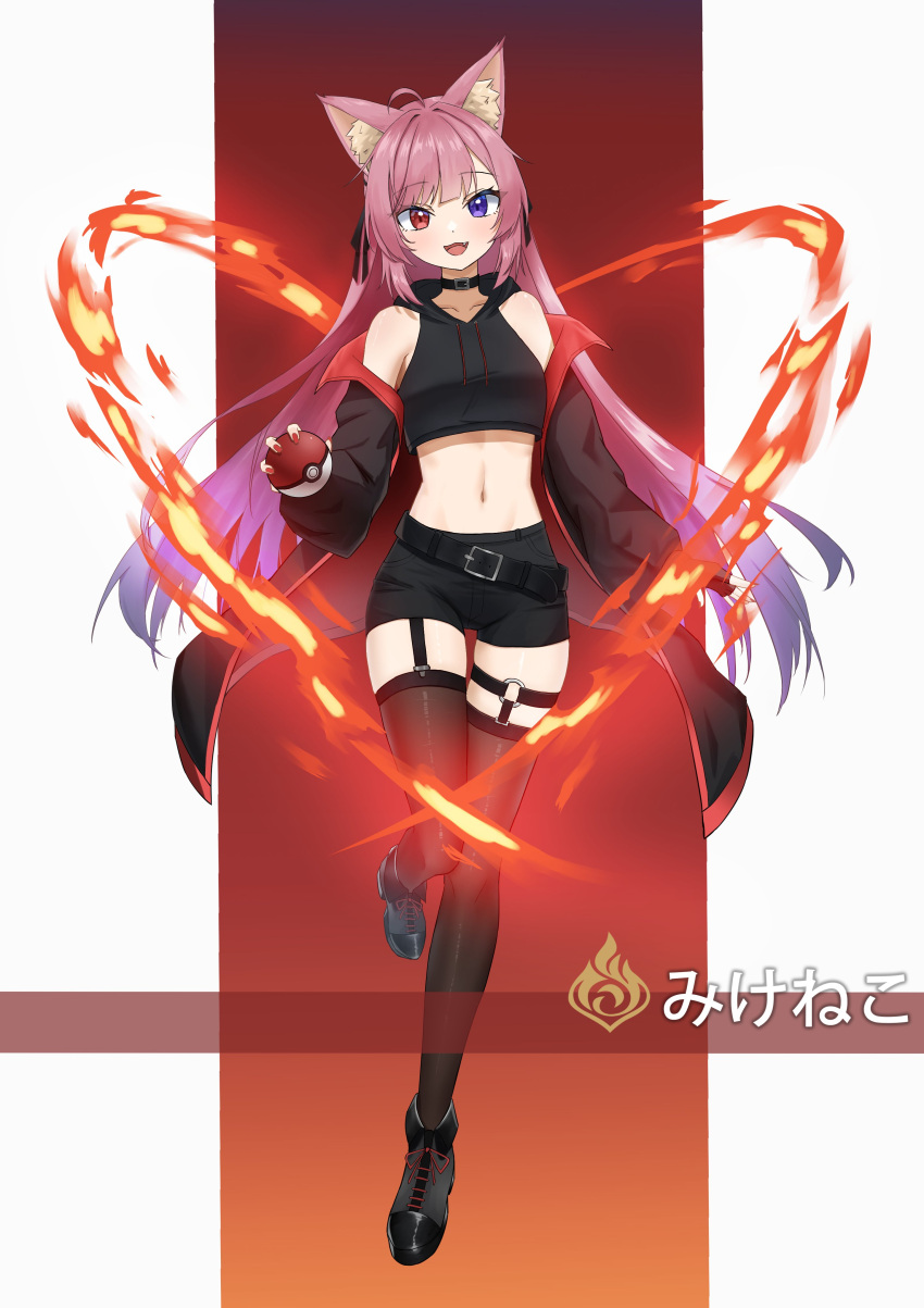 1girl :3 absurdres ahoge animal_ear_fluff animal_ears bangs bare_shoulders belt bike_shorts breasts cat_ears character_name fang fingerless_gloves fire garter_belt garter_straps gloves gradient gradient_background gradient_hair hair_ribbon heterochromia highres indie_virtual_youtuber jacket jacket_partially_removed long_hair midriff mikeneko_(utaite) multicolored_background multicolored_hair nail_polish navel open_mouth pink_hair poke_ball pokemon pokemon_(game) pokemon_swsh purple_hair red_eyes ribbon shoes sidelocks simple_background small_breasts smile thigh-highs translation_request violet_eyes water_(pixiv_55477293) white_background zettai_ryouiki