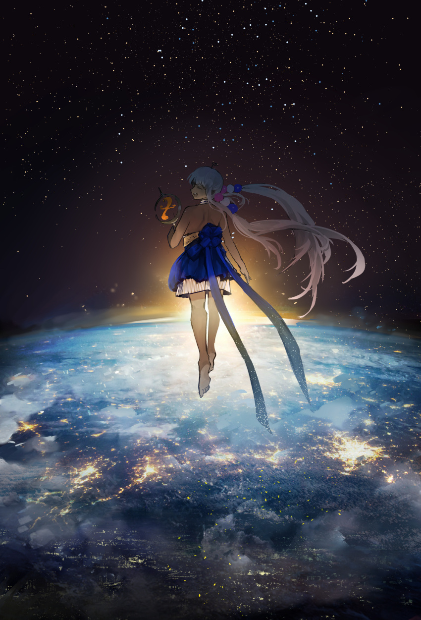 1girl :d absurdres backlighting bare_shoulders barefoot blonde_hair blue_bow blue_ribbon blue_skirt bow closed_eyes commentary dark-skinned_female dark_skin earth_(planet) english_commentary floating from_behind full_body hair_ornament halter_top halterneck highres hololive hololive_english levitation looking_back planet planet_hair_ornament pleated_skirt ribbon skirt sky smile soles solo_focus space star_(sky) starry_sky sun sunlight tsukumo_sana virtual_youtuber vyragami white_skirt yatagarasu_(tsukumo_sana)