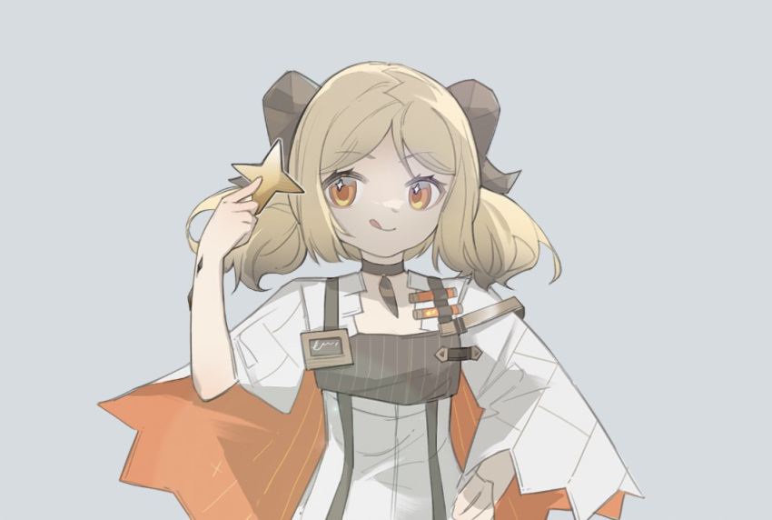 1girl :q arknights black_choker blonde_hair cape choker closed_mouth demon_horns dress feather_choker fzi_(nullx) grey_background hand_on_hip hand_up horns ifrit_(arknights) licking_lips looking_at_viewer medium_hair orange_eyes oripathy_lesion_(arknights) short_twintails simple_background solo sparkling_eyes tongue tongue_out twintails upper_body white_cape white_dress