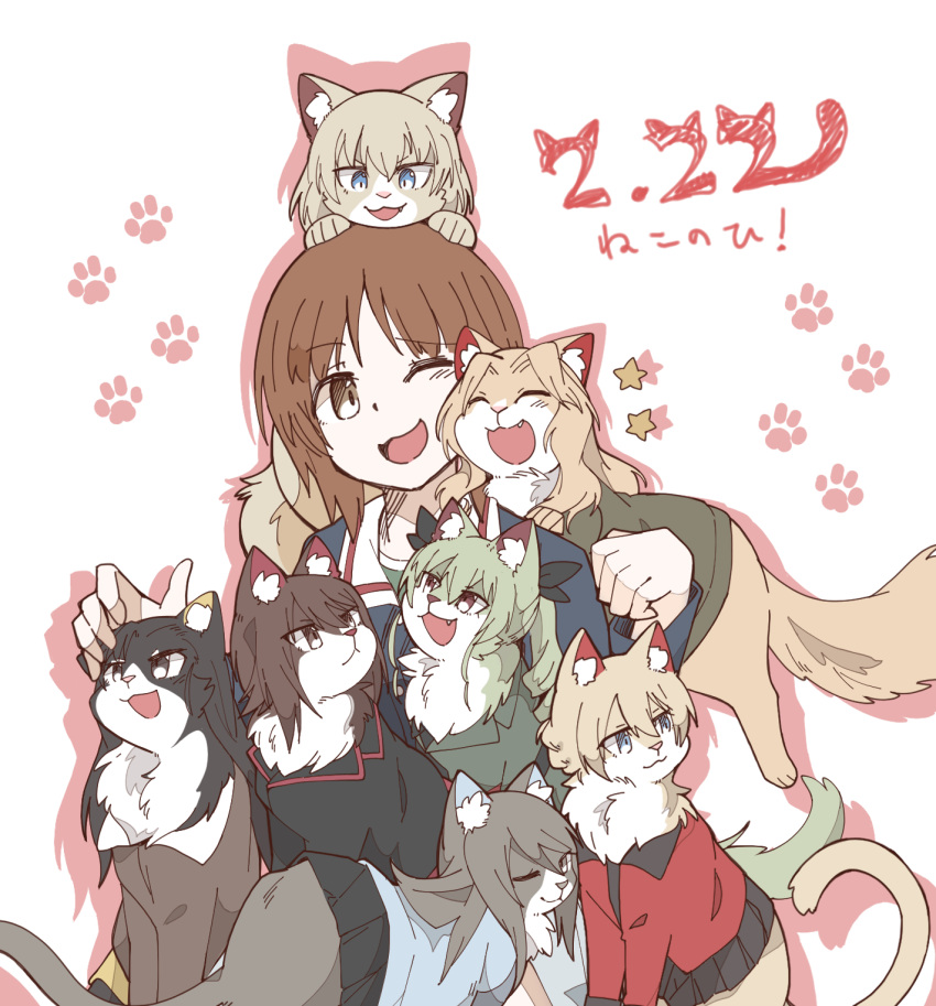 1girl :3 :d ;) anchovy_(girls_und_panzer) animal_on_head animal_on_lap animal_on_shoulder animalization bangs black_hair black_jacket black_skirt blonde_hair blue_eyes blue_jacket blue_skirt brown_eyes brown_hair brown_jacket cat cat_day chi-hatan_military_uniform commentary darjeeling_(girls_und_panzer) dated drill_hair fang girls_und_panzer green_hair grey_jacket hasekura_(hachinochun) highres jacket katyusha_(girls_und_panzer) kay_(girls_und_panzer) keizoku_military_uniform kuromorimine_military_uniform long_hair looking_at_another looking_back mika_(girls_und_panzer) nishi_kinuyo nishizumi_maho nishizumi_miho on_head on_lap one_eye_closed ooarai_military_uniform open_mouth outline paw_print pink_outline pleated_skirt red_jacket short_hair siblings sisters sitting skirt smile st._gloriana's_military_uniform star_(symbol) trait_connection translated twin_drills twintails yellow_skirt