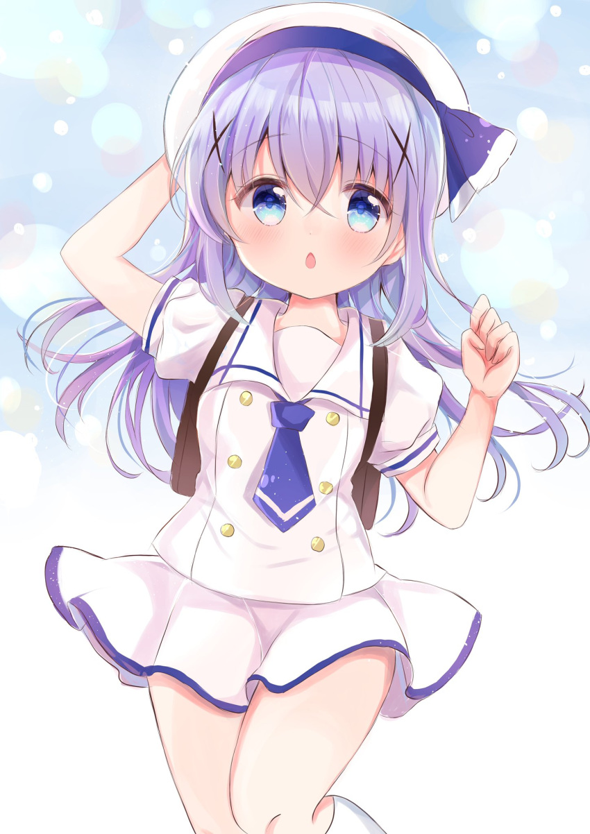 1girl arms_up backpack bag blue_eyes blue_hair gochuumon_wa_usagi_desu_ka? hair_ornament hairclip hand_on_headwear hat highres kafuu_chino kneehighs long_hair miniskirt nanami_ayane_(kusunoki5050) open_mouth school_uniform serafuku shirt short_sleeves skirt socks solo thighs white_headwear white_shirt white_skirt white_socks