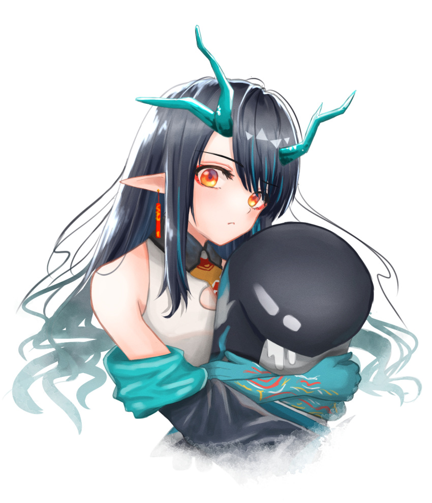 1girl arknights bangs bare_shoulders bitey_(arknights) black_hair blue_hair blue_skin blush closed_mouth colored_skin creature cropped_torso dragon_horns dress dusk_(arknights) earrings highres holding holding_creature horns jewelry long_hair multicolored_hair necktie off_shoulder open_clothes owan_(kumakuma-926) pointy_ears red_eyes red_necktie simple_background solo streaked_hair two-tone_hair upper_body white_background white_dress