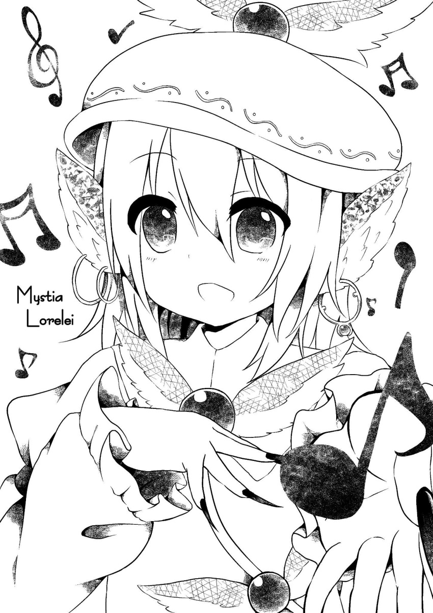 1girl animal_ears beamed_sixteenth_notes bird_ears blush dress earrings eighth_note fingernails frilled_sleeves frills greyscale hair_between_eyes highres jewelry long_fingernails long_sleeves monochrome musical_note mystia_lorelei nail_polish open_mouth quarter_note sharp_fingernails short_hair simple_background smile solo touhou treble_clef upper_body white_background winged_hat yamisaki_(ymsk_xx)