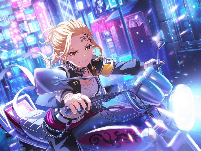 bang_dream! blonde_hair blush cosplay green_eyes jacket masking_(bang_dream!) motorcycle official_art satou_masuki short_hair