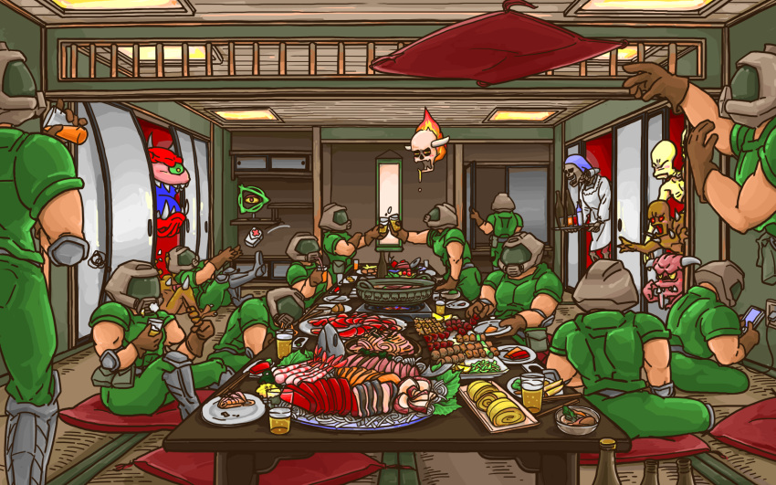 6+boys archvile_(doom) armor cacodemon chopsticks commentary_request cup cushion demon doom_(series) doom_ii doomguy drinking_glass english_commentary food food_request fusuma hanging_scroll helmet highres imp_(doom) indoors kurashiki_nanka lost_soul_(doom) mixed-language_commentary multiple_boys pinky_demon plate revenant_(doom) ryokan scroll sitting skeleton skull sliding_doors squiggle table tatami zabuton