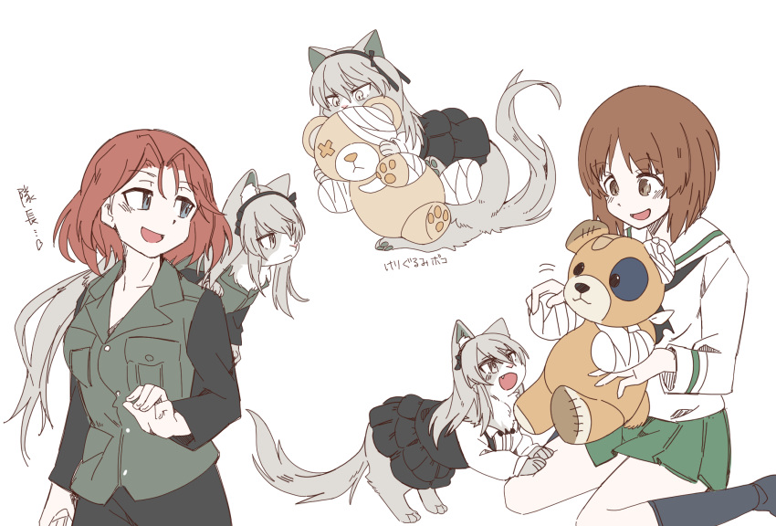 2girls animal_on_shoulder animalization azumi_(girls_und_panzer) bandages bangs black_jacket black_neckerchief black_ribbon black_skirt blouse blue_eyes boko_(girls_und_panzer) brown_eyes brown_hair cat collared_shirt commentary fang girls_und_panzer green_skirt hair_ribbon hasekura_(hachinochun) heart highres holding holding_stuffed_toy jacket kneehighs light_brown_hair long_hair long_sleeves looking_at_another miniskirt motion_lines multiple_girls neckerchief nishizumi_miho no_shirt ooarai_school_uniform parted_bangs playing pleated_skirt ribbon sailor_collar school_uniform selection_university_military_uniform serafuku shimada_arisu shirt short_hair simple_background sitting skirt socks standing stuffed_animal stuffed_toy suspender_skirt suspenders teddy_bear translated wariza white_background white_sailor_collar white_shirt