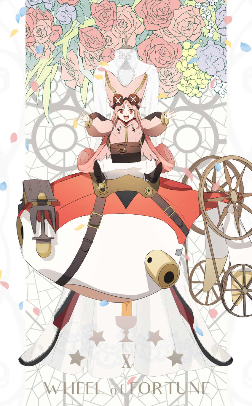 1girl :d absurdres arms_up background_text baggy_pants bangs black_footwear breasts commentary_request fate/grand_order fate_(series) flower full_body habetrot_(fate) hat highres long_hair long_sleeves looking_at_viewer ne_f_g_o open_mouth pants pink_flower pink_hair pink_headwear pointy_ears red_eyes red_flower rose sitting smile solo spinning_wheel star_(symbol) tarot upper_body wheel_of_fortune_(tarot) yellow_flower