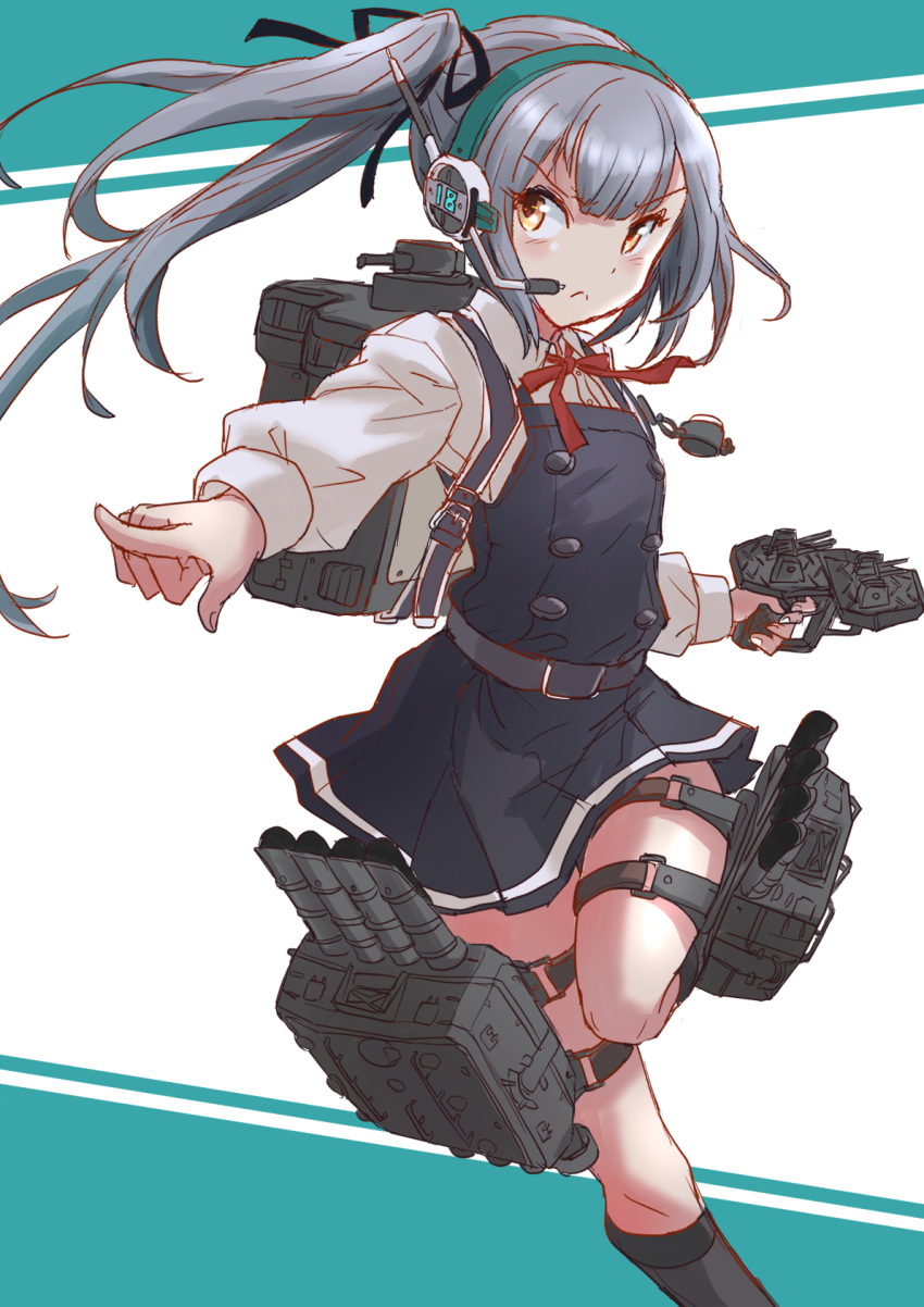 1girl belt black_ribbon black_socks brown_eyes commentary_request cowboy_shot dress fuji_(pixiv24804665) grey_hair headphones headset highres kantai_collection kasumi_(kancolle) long_hair long_sleeves machinery microphone pinafore_dress red_ribbon ribbon shirt side_ponytail socks solo torpedo_launcher white_shirt