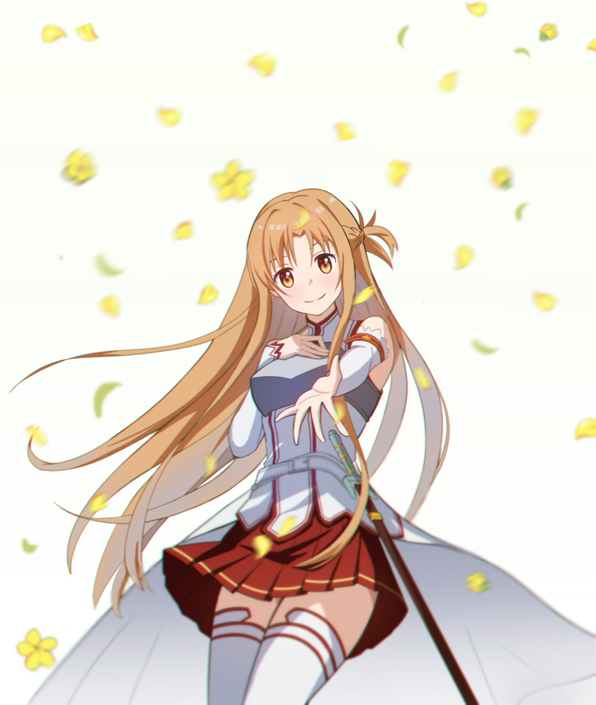 1girl absurdres asuna_(sao) bare_shoulders breasts closed_mouth commentary_request cowboy_shot detached_sleeves flower hand_on_own_chest highres long_hair long_sleeves looking_at_viewer medium_breasts orange_eyes orange_hair pleated_skirt reaching red_skirt simple_background sing_(pixiv65232711) skirt smile solo sword_art_online thigh-highs white_background white_thighhighs wind zettai_ryouiki