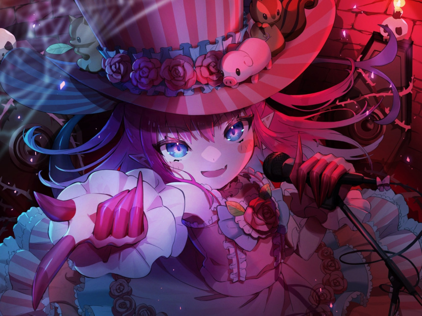1girl blue_eyes candle coffin dragon_girl dress elizabeth_bathory_(fate) elizabeth_bathory_(fate/extra_ccc) fang fate/grand_order fate_(series) flower flower_ornament frilled_dress frills gaogao_(gaogaomegu) hat holding holding_microphone looking_at_viewer microphone nail night open_mouth pig pink_dress pink_hair pink_headwear pink_ribbon pointy_ears ribbon rose silk skull sleeveless sleeveless_dress smile solo spider_web squirrel striped striped_headwear tail tanuki top_hat white_headwear wrist_cuffs