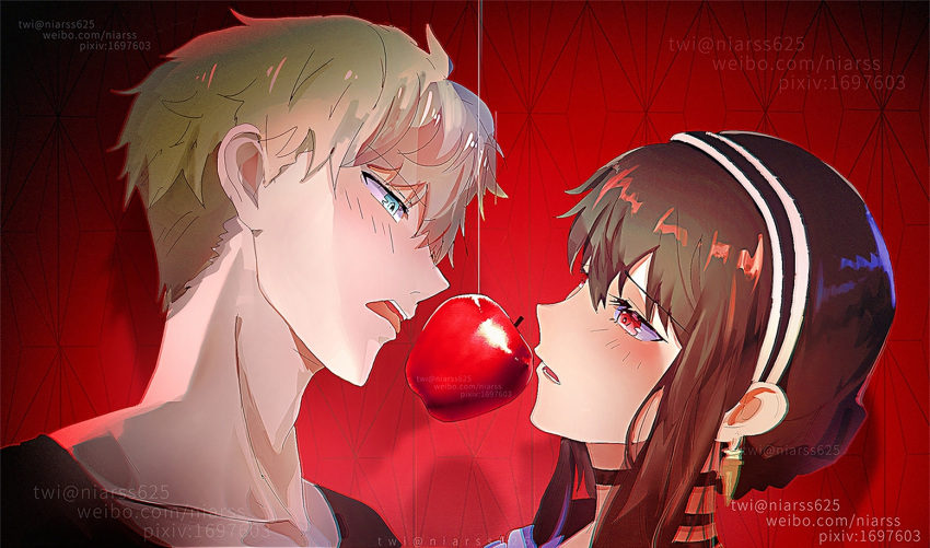 1boy 1girl apple artist_name black_hair blonde_hair food fruit green_eyes hetero long_hair niarss pixiv_id red_background red_eyes short_hair spy_x_family twilight_(spy_x_family) twitter_username upper_body watermark weibo_username yor_briar