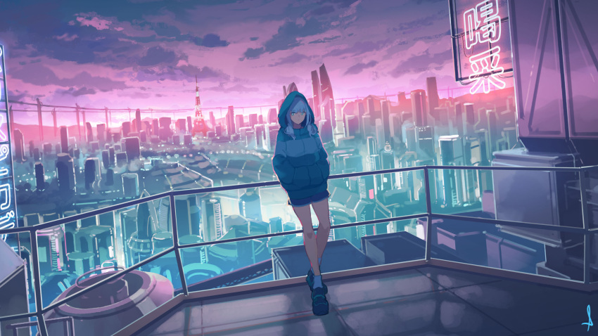 1girl absurdres against_railing aqua_eyes aqua_hair bangs blunt_bangs building cevio city city_lights clouds hands_in_pockets highres hood hoodie kafu_(cevio) leaning_on_rail light_blue_eyes light_blue_hair looking_to_the_side making-of_available neon_lights on_roof outdoors railing scenery shijohane shoes shorts sidelocks sign skyscraper socks solo standing tower twilight white_socks wide_shot