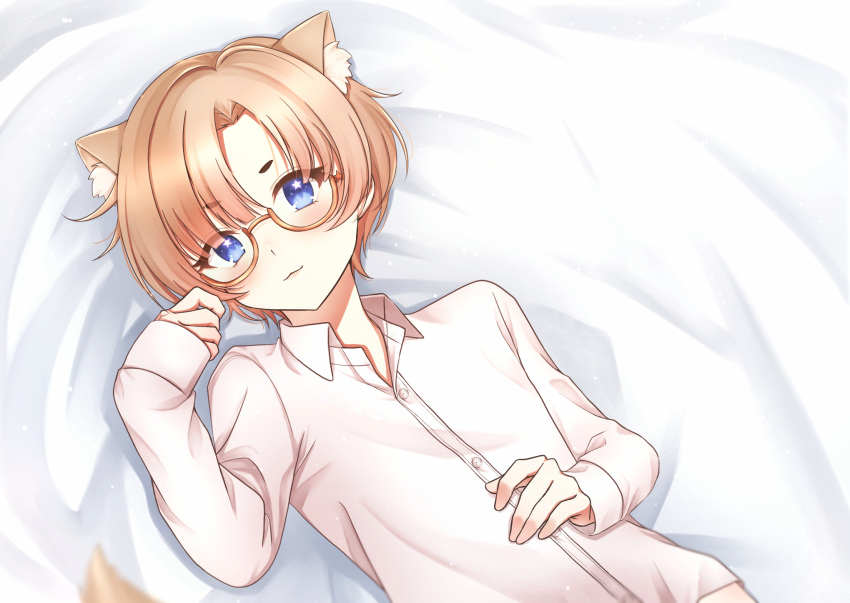 1boy blonde_hair blue_eyes collared_shirt glasses hand_on_own_stomach highres long_sleeves looking_at_viewer looking_up lying male_focus on_back original shino_(shino1028) shirt short_hair solo star_(symbol) star_in_eye symbol_in_eye white_background white_shirt
