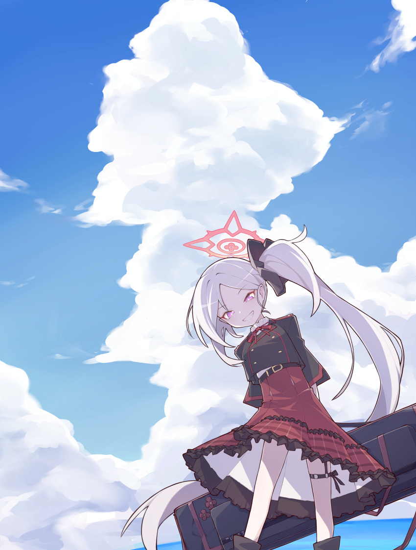 1girl absurdres arms_behind_back bag bangs blue_archive blue_dress clouds cloudy_sky commentary_request dress grey_hair grin hair_between_eyes hair_ornament hair_scrunchie halo highres holding holding_bag long_hair looking_at_viewer mmhomm mutsuki_(blue_archive) plaid plaid_skirt pointy_ears school_uniform scrunchie short_sleeves side_ponytail sidelocks skirt sky smile solo violet_eyes