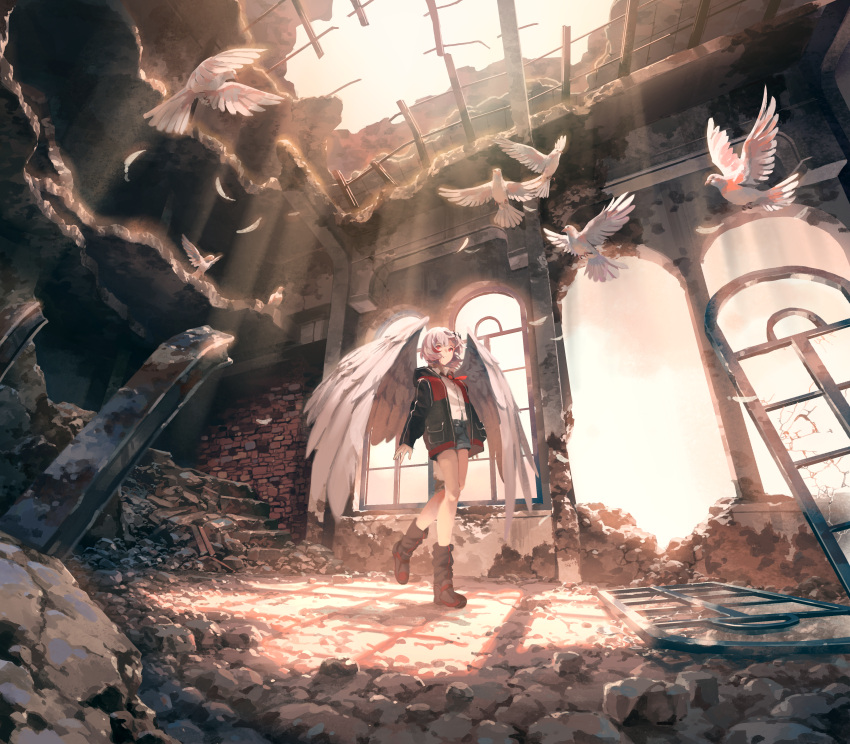 1girl absurdres angel_wings arch bird boots brick_wall broken_window clouds day denim denim_shorts dove dtto. feathers from_below grey_hair highres hood hood_down hoodie jacket light_rays outdoors parted_lips red_eyes rock ruins scenery shadow shijohane shirt short_hair shorts solo steel_beam sunbeam sunlight utaite_(singer) virtual_youtuber vocaloid walking white_hair white_shirt wide_shot wind wings