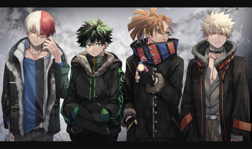 4boys argyle bakugou_katsuki belt bird bird_on_hand black_collar blonde_hair boku_no_hero_academia brown_hair closed_mouth coat collar collarbone collared_shirt curly_hair dress_shirt duffel_coat ear_piercing earrings eyes_visible_through_hair fashion fingerless_gloves floral_print freckles fur_trim gloves green_eyes grey_eyes hair_between_eyes hand_in_pocket hand_on_hip hands_in_pockets head_tilt heterochromia high_ponytail jacket jewelry long_sleeves looking_at_viewer male_focus midoriya_izuku multicolored_hair multicolored_shirt multiple_boys naruse_(naru_224s) open_clothes open_coat open_jacket parted_lips partially_unbuttoned pectoral_cleavage pectorals piercing pino_(boku_no_hero_academia) ponytail red_eyes rody_soul shirt spiky_hair split-color_hair standing straight_hair striped striped_shirt sunglasses teeth todoroki_shouto tongue tongue_out two-tone_hair upper_body v-shaped_eyebrows vertical-striped_shirt vertical_stripes