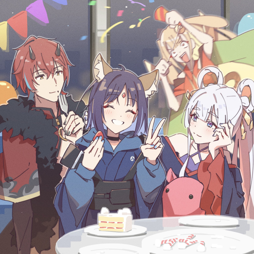 1boy 3girls animal_ears auklet5580 birthday birthday_cake black_hair blonde_hair blue_hair blurry blurry_background brother_and_sister cake cho_kaguya-hime! commentary confetti food forehead_jewel fox_ears fruit grey_hair highres holding holding_food holding_fruit kaguya_(cho_kaguya-hime!) looking_at_another lop_rabbit_ears medium_hair mikado_akira_(cho_kaguya-hime!) multicolored_hair multiple_girls party_popper rabbit_ears red_hair runami_yachiyo sakayori_iroha siblings smile strawberry two-tone_hair v