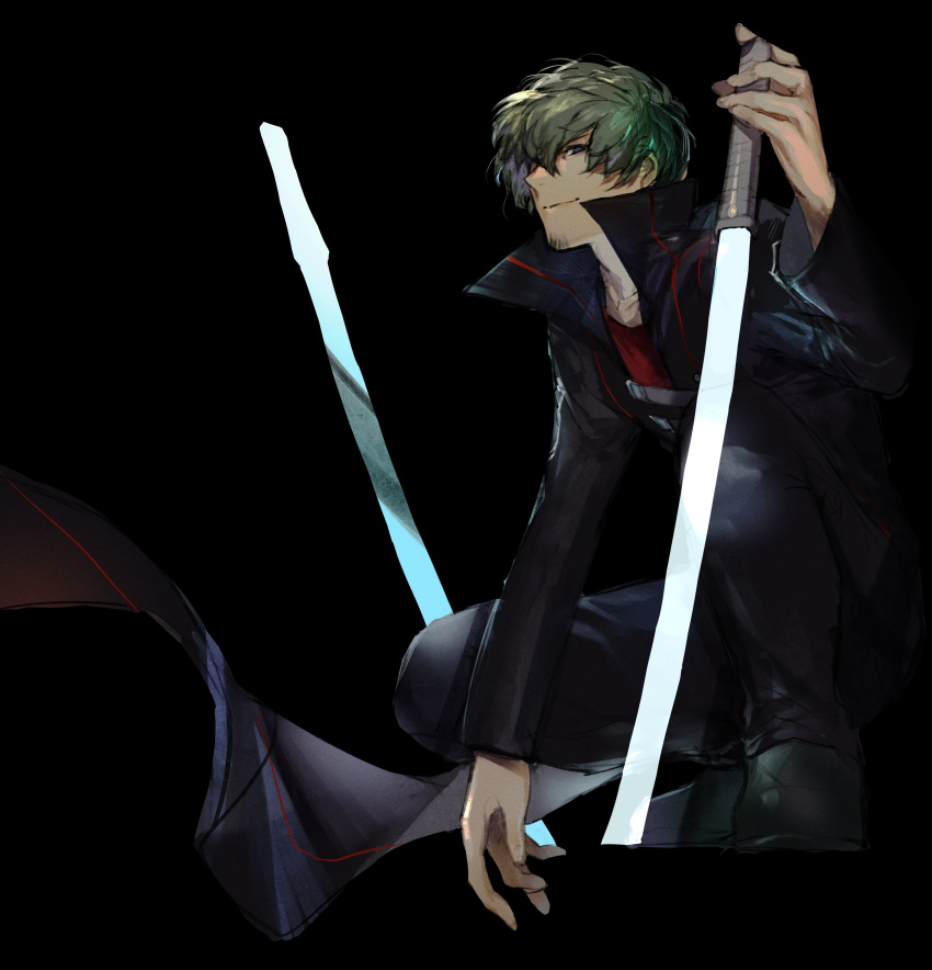 1boy absurdres bangs black_background black_coat black_footwear black_pants coat facial_hair full_body green_hair hand_up highres long_sleeves male_focus mnmnwtsn pants planted planted_sword popped_collar red+short short_hair simple_background smile smirk solo squatting stubble sword tachikawa_kei weapon world_trigger