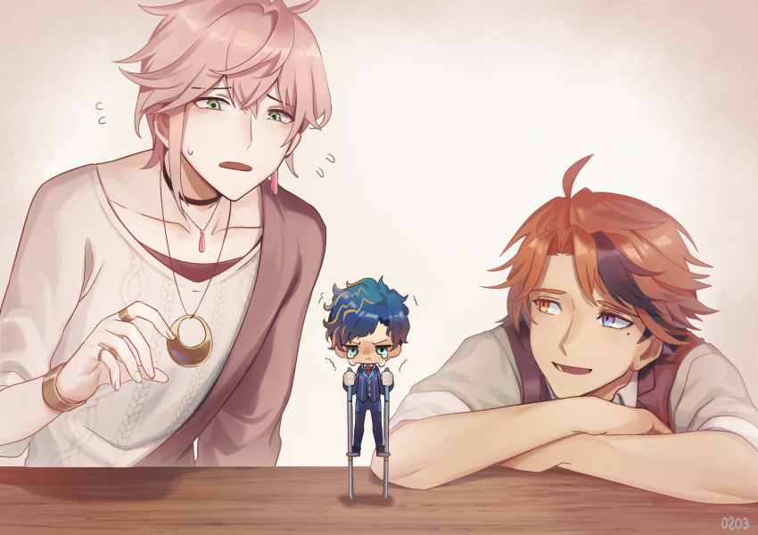 3boys :d :t ahoge aqua_eyes arms_on_table astel_leda asymmetrical_jacket black_choker black_hair blonde_hair blue_hair blue_jacket blue_pants bracelet brown_jacket brown_vest chibi choker collared_shirt crying crying_with_eyes_open curtained_hair earrings flying_sweatdrops green_eyes grey_shirt heterochromia highres holostars jacket jewelry looking_at_another lower_teeth male_focus mole mole_under_eye mono_(bluesky) multicolored_hair multiple_boys necktie open_mouth orange_eyes orange_hair pants pendant pink_hair pout red_necktie rikka_(holostars) ring shirt short_hair single_earring smile stilts streaked_hair sweatdrop sweater tears teeth trembling undershirt upper_body v-neck v-shaped_eyebrows vest violet_eyes virtual_youtuber white_shirt white_sweater wooden_table yukoku_roberu