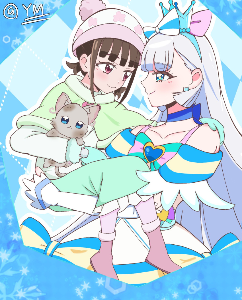 age_difference arm_warmers bare_shoulders blue_choker blue_crown blue_eyes bow brooch choker commentary_request crown crown_earrings cure_nyammy dirty dress_bow earrings frilled_arm_warmers frills heart heart_brooch highres jeta2024 jewelry mini_crown multicolored_bow nekoyashiki_mayu nekoyashiki_yuki nekoyashiki_yuki_(cat) pact_holder pointed_crown precure white_arm_warmers wonderful_precure!