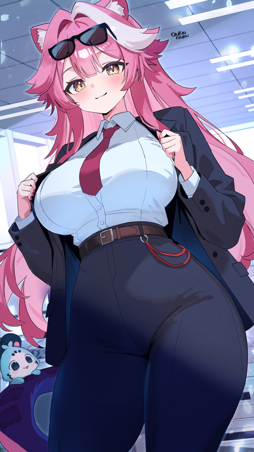 1girl absurdres animal_ears artist_name belt black-framed_eyewear black_jacket black_pants blush breasts brown_belt ceiling ceiling_light chattino_(raora_panthera) closed_mouth collared_shirt commentary english_commentary eyewear_on_head fingernails hair_intakes highres hololive hololive_english huge_breasts indoors jacket long_hair long_sleeves looking_at_viewer multicolored_hair nail_polish o-rindou5100 open_clothes open_jacket panther_ears panther_girl panther_tail pants pink_hair pink_nails pink_tail raora_panthera shirt smile streaked_hair sunglasses tail thighs tile_ceiling tiles two-tone_hair virtual_youtuber white_shirt yellow_eyes