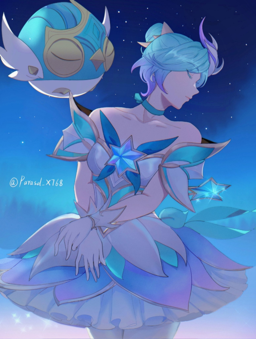 1girl alternate_costume artist_name ball blue_hair closed_eyes collar crossed_arms dress gem gloves highres league_of_legends looking_to_the_side miniskirt multicolored_hair night night_sky orianna_(league_of_legends) parasol_x768 purple_hair ribbon robot short_hair skirt sky solo sparkle star_(sky) star_(symbol) star_guardian_(league_of_legends) star_guardian_orianna starry_sky twitter_username