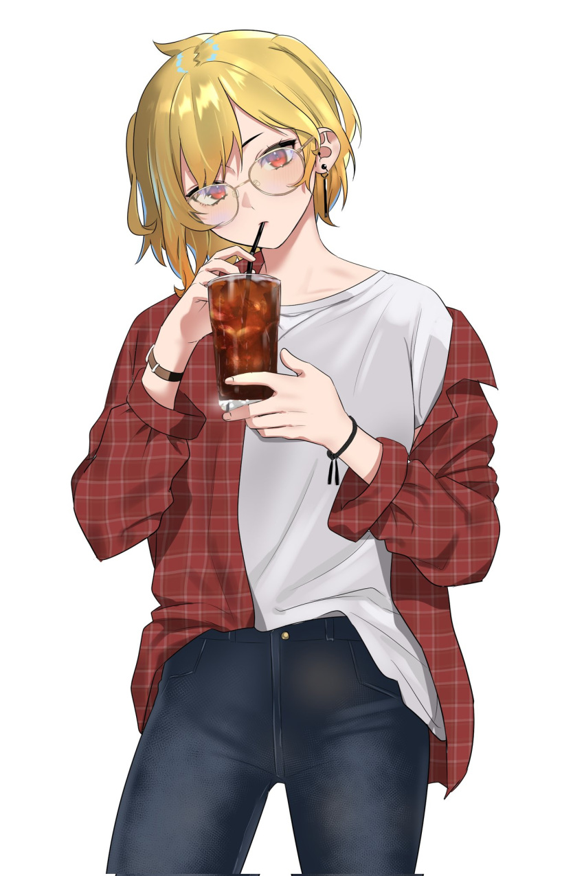 1girl alternate_costume bangs bespectacled blonde_hair blue_pants blush casual commentary cowboy_shot cup denim drinking drinking_glass drinking_straw earrings english_commentary glasses hievasp highres holding holding_cup hololive hololive_indonesia ice ice_cube jacket jeans jewelry kaela_kovalskia long_sleeves looking_at_viewer medium_hair off_shoulder pants plaid plaid_jacket shirt solo virtual_youtuber watch watch white_background white_shirt