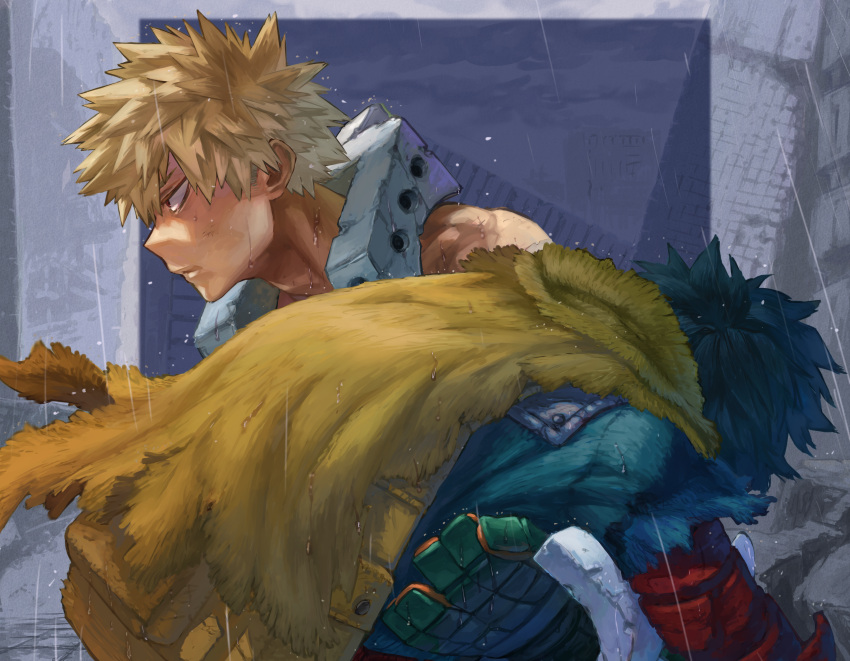 2boys absurdres backpack bag bakugou_katsuki blonde_hair blue_bodysuit blue_hair bodysuit boku_no_hero_academia building canon_event cape city closed_mouth commentary_request dilapidated dirty dirty_clothes expressionless eyebrows_hidden_by_hair from_side frosted_border gloves green_gloves highres leaning_on_person looking_ahead male_focus midoriya_izuku multicolored_gloves multiple_boys orange_gloves outdoors outside_border partial_commentary profile rain red_eyes sanpaku scene_reference short_hair sideways_mouth spiky_hair spoilers tile_floor tiles torn_cape torn_clothes torn_sleeve two-sided_gloves two-tone_gloves upper_body water_drop wet wet_clothes yellow_bag yellow_cape yomoyama_yotabanashi