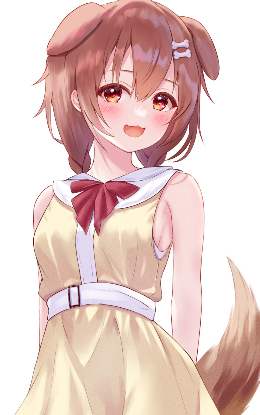1girl :3 :d absurdres animal_ears arms_behind_back bangs blush bone_hair_ornament braid brown_eyes brown_hair dog_ears dog_girl dog_tail dress hair_between_eyes hair_ornament highres hololive inugami_korone long_hair looking_at_viewer sleeveless sleeveless_dress smile solo tail thorny twin_braids upper_body virtual_youtuber yellow_dress